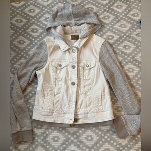 American Eagle White and Gray Hybrid Jean Jacket with Hood